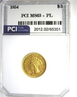 1854 Gold $3 MS63+ PL LISTS $6750 IN 63+