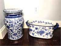 Blue & White Ceramic Plant Stand & Basin