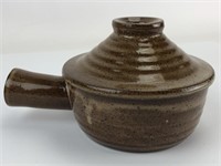 Brown Speckled Pottery Soup Bowl w/Handle & Lid
