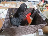 WOVEN BASKET WITH 2 METAL ROOSTERS