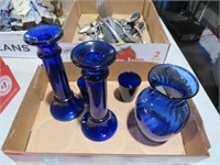 COLL OF COBALT CANDLE HOLDERS & VASES