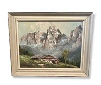 Mountain Chalet in the Alps Signed Oil Painting