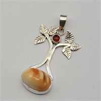 925 SILVER AGATE & RED STONE PENDANT PALM TREE