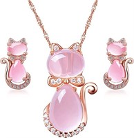 Cute .70ct Topaz & Pink Jadeite Cat Jewelry Set