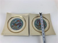(2) Vintage Hyalyn Pottery Rooster Wall Plates