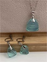 Blue Stone Necklace & screw on earrings set