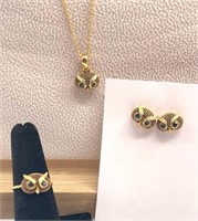 18K gold plated owl jewelry set. Ring size 5