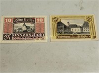 rare 2  near mint/mint heller banknotes 1920's