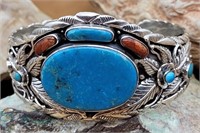SOUTHWESTERN STERLING SILVER TURQUOISE CORAL CUFF
