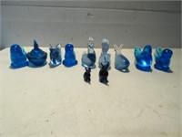 COLLECTION OF BLUE GLASS ANIMAL FIGURINES, DISH