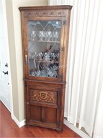 ENGLISH OAK CORNER CABINET WITH LEADED GLASS