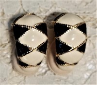 Vintage Black and White Enamel CLip On Earrings