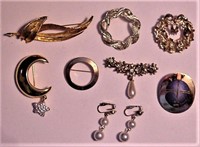 Vtg 9 pc Mixed Jewelry Pins Earrings Rhinestone