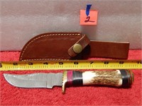 Damascus Knife Bone Handle w/ Sheath 8" L