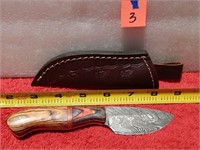 Damascus Knife Wood Handle w/ Sheath 6.5" L