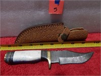 Damascus Knife Bone Handle w/ Sheath 7-3/4" L