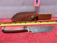Damascus Knife Wood Handle w/ Sheath 9-1/4" L