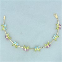 Rainbow Gemstone Butterfly Bracelet in 14k Yellow