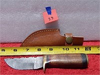Damascus Knife Wood Handle 6-1/2" L w/ Sheath