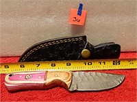 Damascus Knife Wood Handle w/ Sheath 7-1/4" L