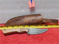 Damascus Knife Wood Handle 8" L w/ Sheath