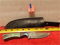 Damascus Knife Wood Handle w/ Sheath 7-3/4"