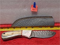Damascus Knife Wood Handle 8-1/4" L w/ Sheath