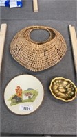 Hanging wicker basket, crocheted, picture, and