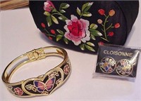 Vtg Enamel CLOISONNE Clamper Bracelet & Earrings
