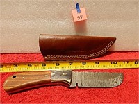 Damascus Knife Wood Handle 7-1/2" L w/ Sheath