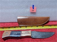Damascus Knife Wood Handle 7-3/4" L w/ Sheath