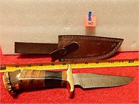 Damascus Knife Wood & Bone Handle 10" L w/ Sheath