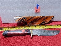 Damascus Knife Wood Handle 9-3/4" L w/ Sheath