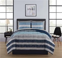 E2022  Mainstays Blue Stripe Bed in a Bag Set, Que