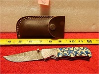 Damascus Knife Wood Handle Lockback 7-1/2" &Sheath