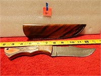 Damascus Knife Wood Handle 10-1/4" w/ Sheath