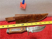 Damascus Knife Wood Handle 8-1/2" w/ Sheath