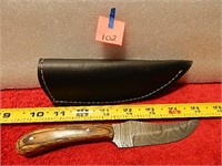Damascus Knife Wood Handle 7-1/4" w/ Sheath