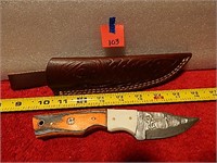 Damascus Knife Wood Handle 7-3/4" w/ Sheath