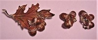 Vtg Leaf Acorn Brooch Pin & Earrings Brown Enamel