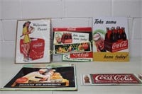4 Metal Coca Cola Signs & Calendar