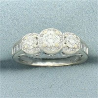3-Stone Diamond Halo Engagement or Wedding Ring in