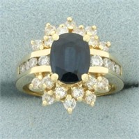 Sapphire and Diamond Flower Design Ring in 14k Yel