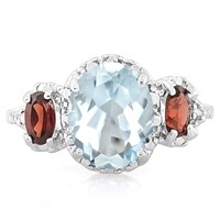 Aquamarine, Garnet, & Diamond Ring in Sterling Sil