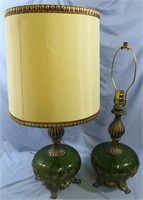 2 VINTAGE GREEN GLASS LAMPS W/VINES