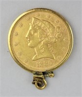 1880 Gold Liberty Head Five Dollar Coin Pendant.