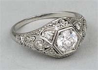 White Gold & Diamond Art Deco Filigree Ring.