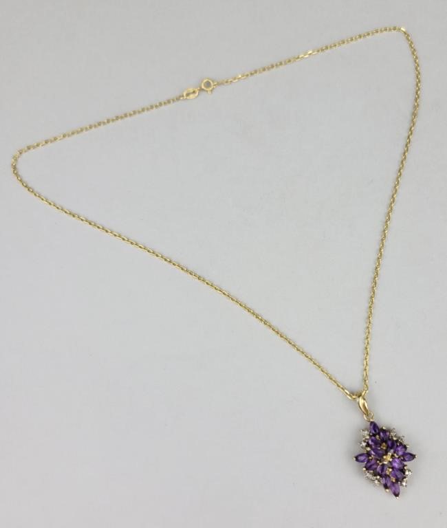 Gold Plated Sterling, Amethyst & Diamond Necklace.