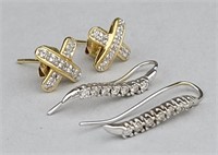 2 Pairs 14K Gold & Diamond Earrings.