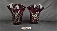 Pair of Ruby Red Charleton Decorated Glass Vases